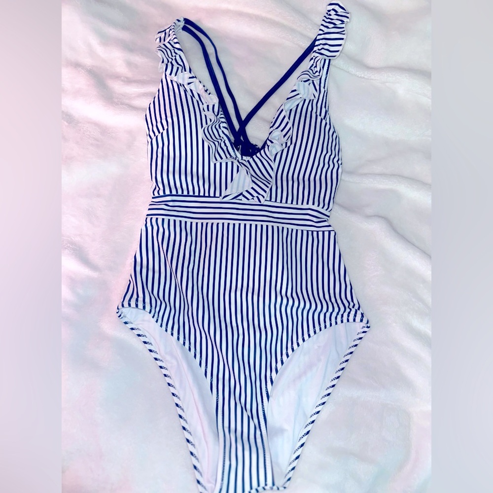 One piece low back. Dark blue and white.